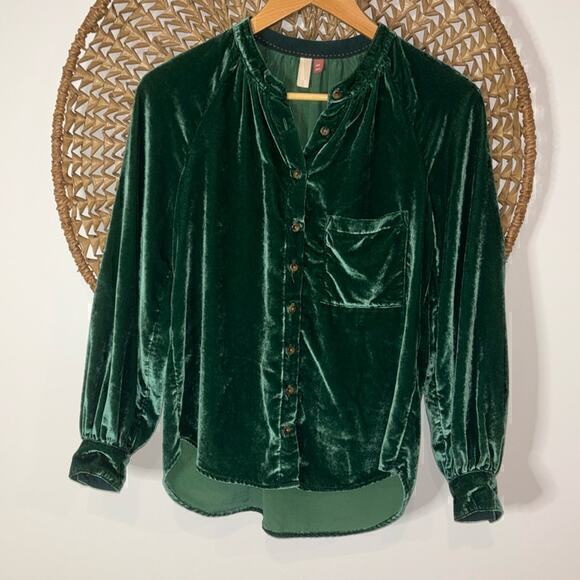 Pilcro for Anthropologie green velvet button down blouse size xsmall Petite - Picture 1 of 7